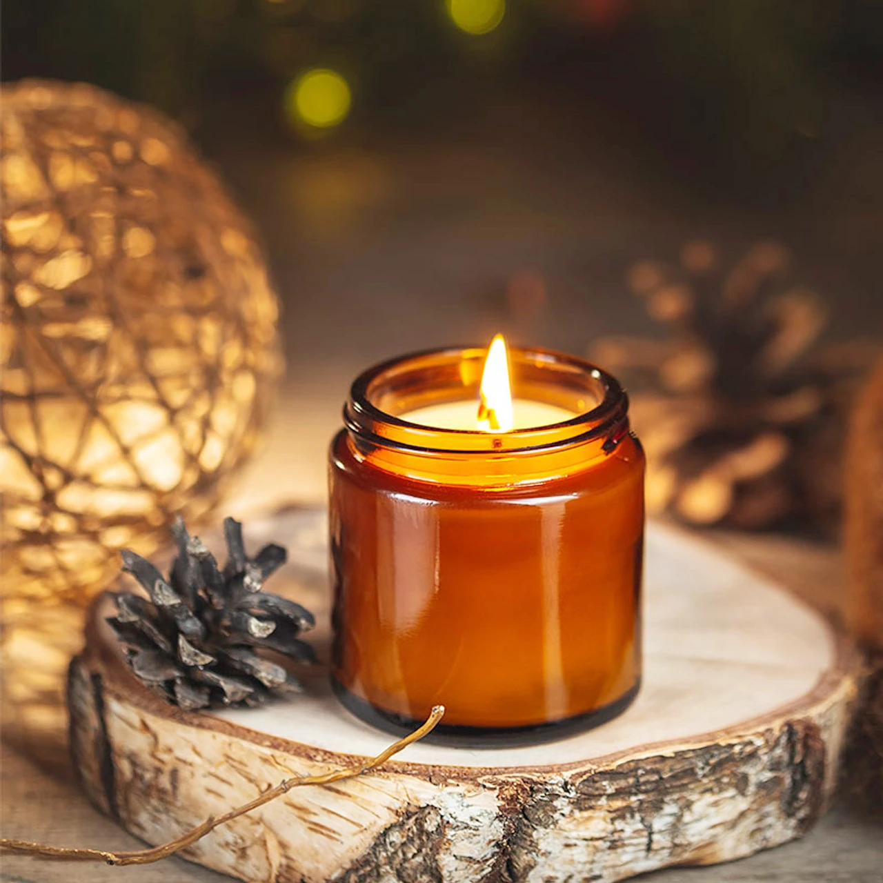 Candle Making Glass Jars - Cam Mum Kavanozları, 4oz Amber Yuvarlak